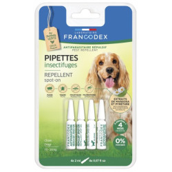 Francodex 4 Pipetas repelentes de insectos para cães de 10 kg a 20 kg. Pipetas de pesticidas