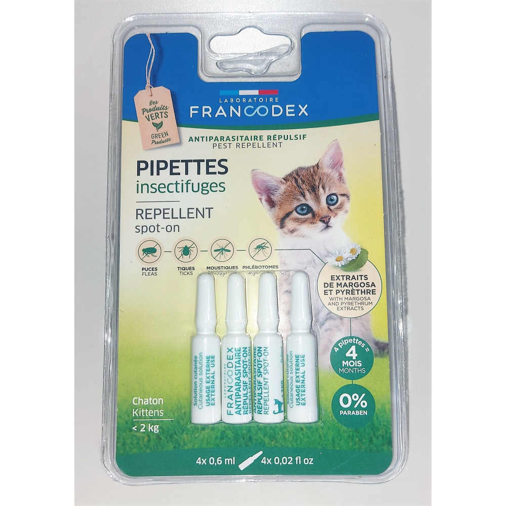 Francodex 4 Pipettes Insectifuges. Pour Chatons moins de 2 kg. Antiparasitaire chat