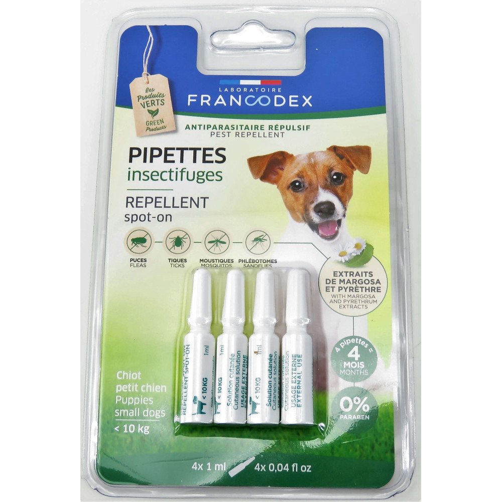 Francodex 4 Insectenafstotende pipetten voor pups en kleine honden onder de 10 kg. Pipetten voor bestrijdingsmiddelen