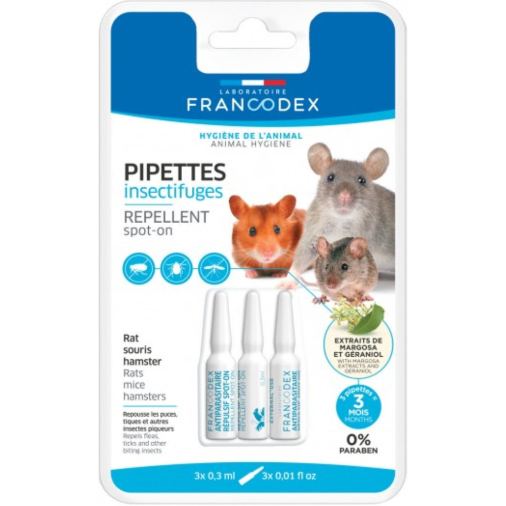 Francodex 3 Pipetas repelentes de insectos. Para Ratos, Ratos e Hamsters. Cuidados e higiene