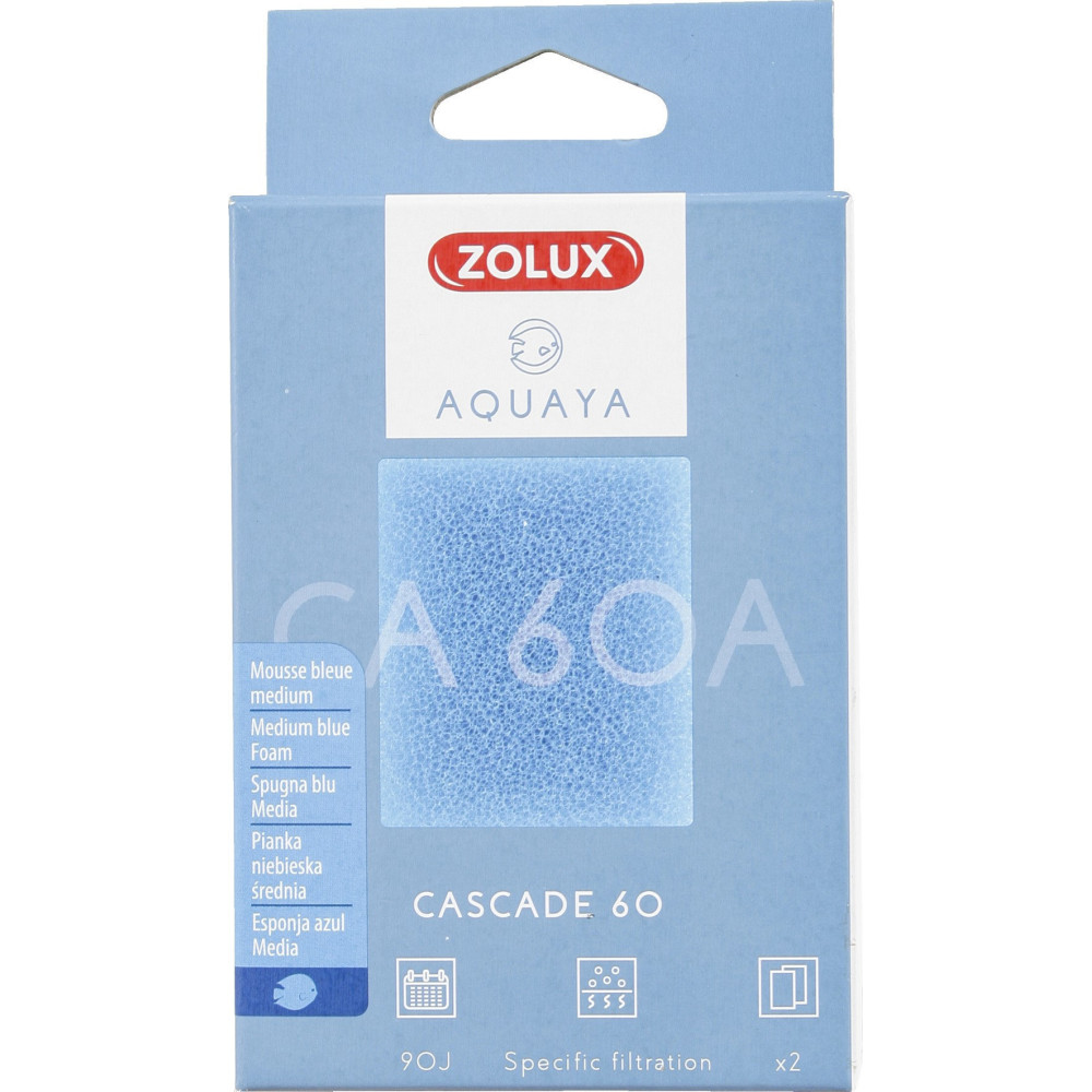 zolux Filtro para bomba em cascata 60, CA 60 Um filtro de espuma azul médio x2. para aquário. Meios filtrantes, acessórios
