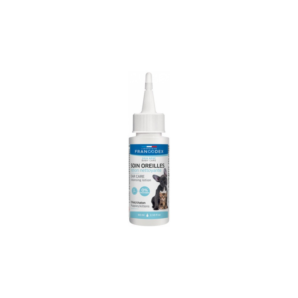 Francodex Lozione detergente per le orecchie da 60 ml per cuccioli e gattini Cura delle orecchie del cane