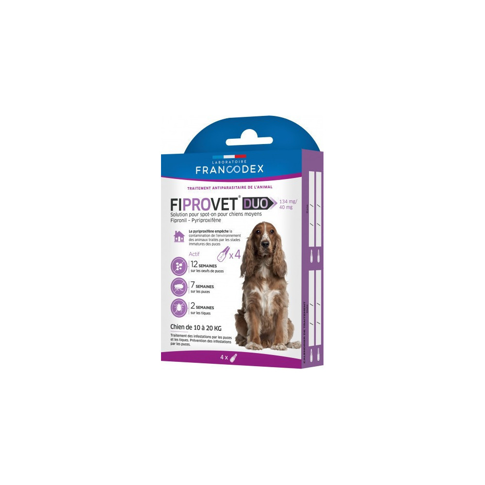 Francodex 4 pipetas anti-pulgas fiprovet duo para cães pequenos 10 a 20 kg Pipetas de pesticidas