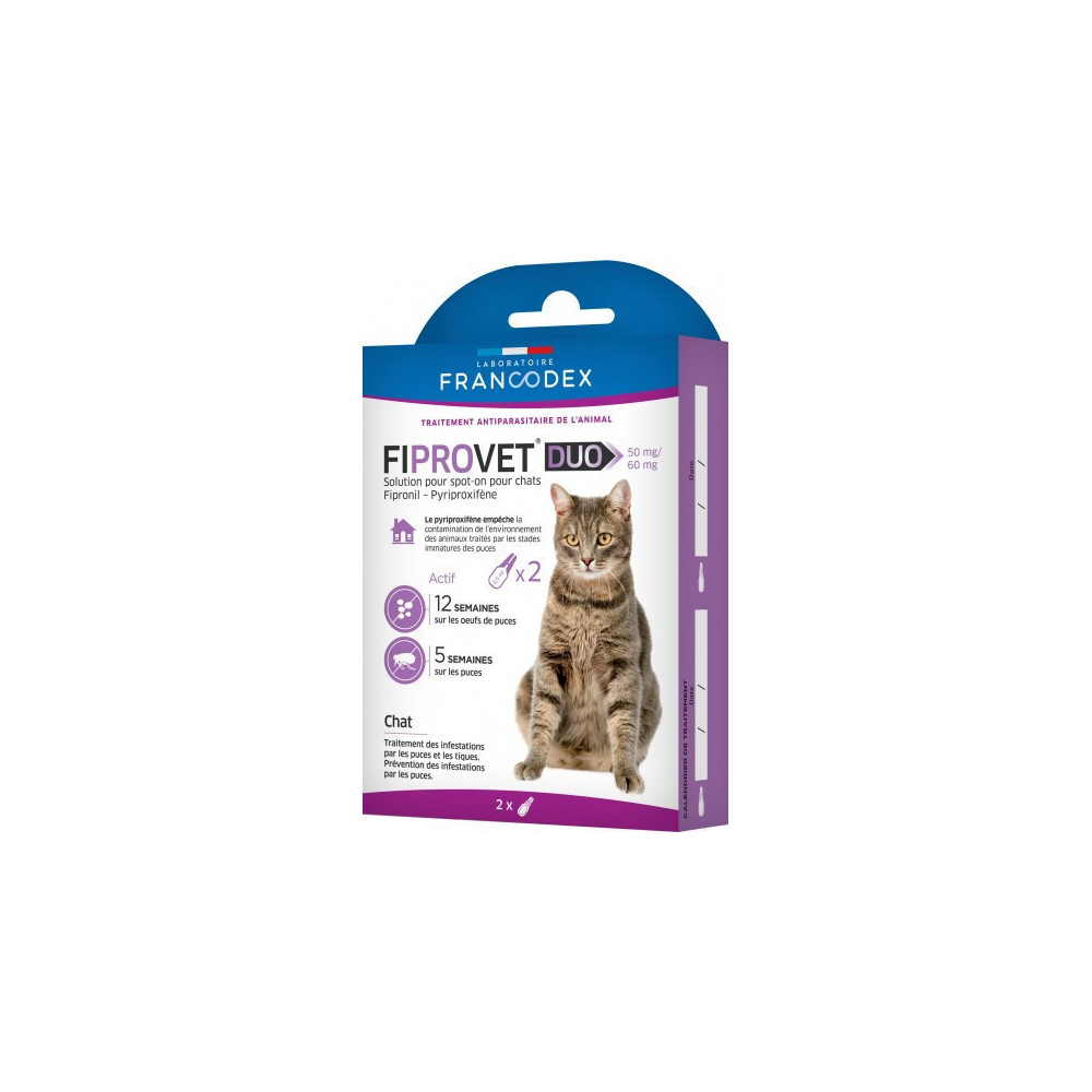 Antiparasitaire chat 2 pipettes anti puces fiprovet duo 50 mg pour chat