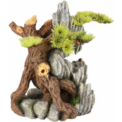 Flamingo Root and rock with plastic plant, 14 x 12 x 20 cm. Aquarium decoration. Decoration and other