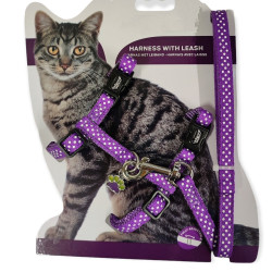 animallparadise Imbracatura + guinzaglio 120 cm, per gatti, con punti viola, regolabile. Imbracatura