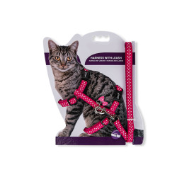 animallparadise Imbracatura + guinzaglio 120 cm, punti fucsia, regolabile, per gatti. Imbracatura