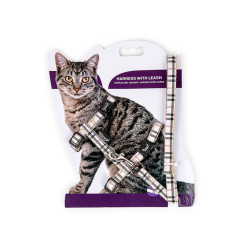 animallparadise Imbracatura + guinzaglio 120 cm, tartan beige, regolabile, per gatto. Imbracatura