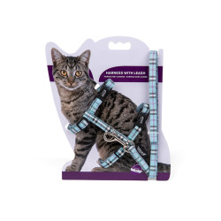animallparadise Arnês + chumbo 120 cm, tartan azul, ajustável, para gato. Arnês
