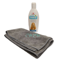 Shampoing Shampoing 300ml, spécial poil long, pour chien, et une serviette microfibre.