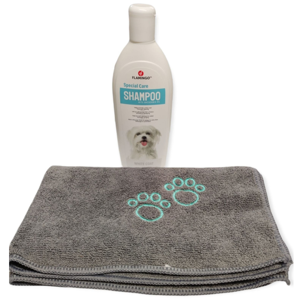 Shampoing Shampoing 300 ml spécial poils blanc, pour chien et une serviette en microfibre.