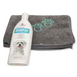animallparadise 300 ml witte haarshampoo voor honden en een microvezeldoek. Shampoo