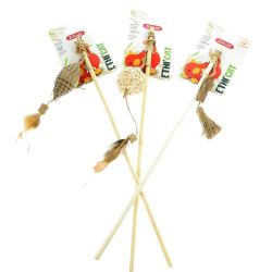 animallparadise 3 Bambusangeln, Spielzeug aus Pappe, Rattan und Matatabi, für Katzen Angelruten und Federn