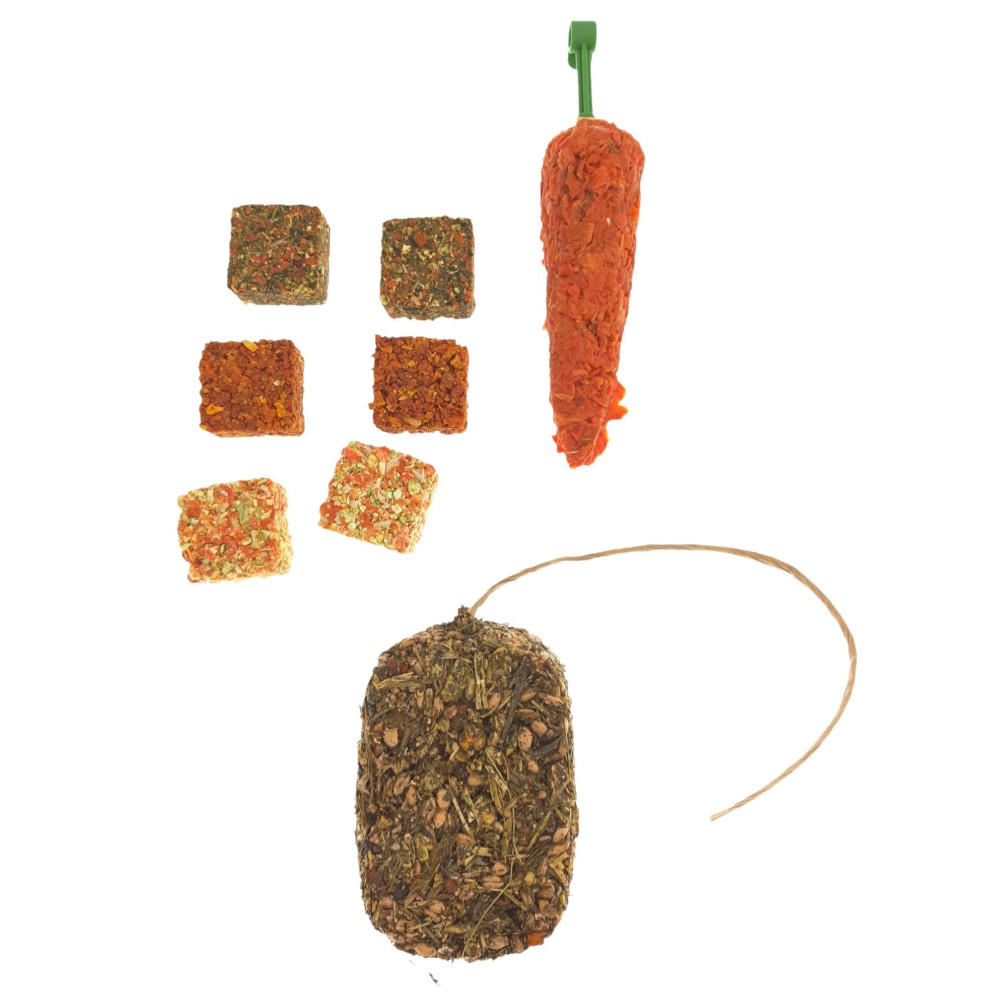 Snacks et complément Trio friandises botte herbe, carotte, biscuit aux légumes, rongeur