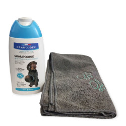 Shampoing Shampooing 250 ml anti-mauvaises odeurs avec une serviette pour chien.