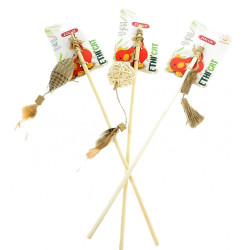 animallparadise 3 Bambusangeln, Spielzeug aus Pappe, Rattan und Matatabi, für Katzen Angelruten und Federn