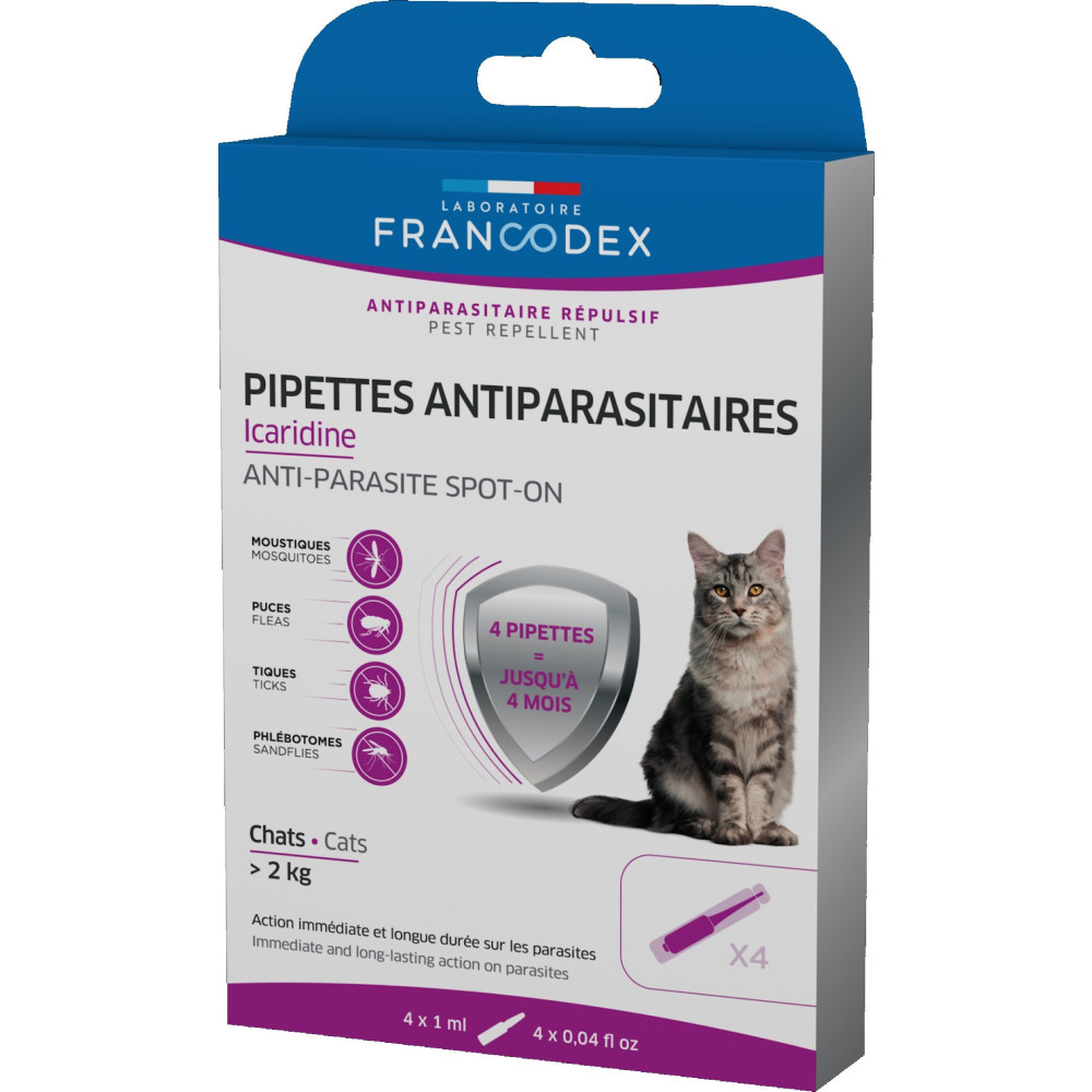 Antiparasitaire chat 4 pipettes antiparasitaires Icardine pour chats plus de 2 kg