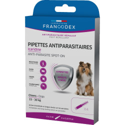 Francodex 4 Pipetas antiparasitárias Icaridine para cães de 15-30 kg Pipetas de pesticidas