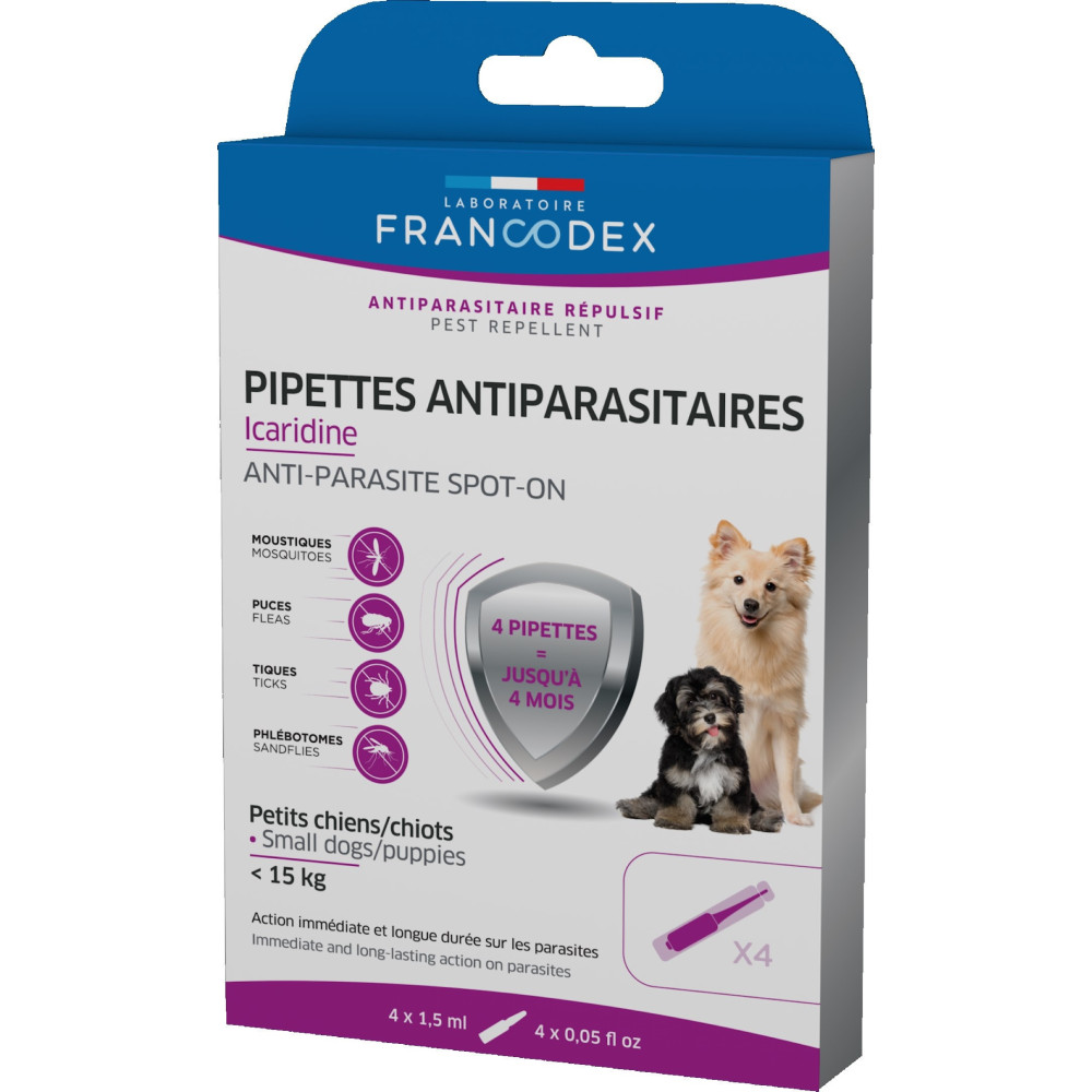 Francodex 4 Pipety przeciwpasożytnicze Icaridine dla szczeniąt i małych psów Pipettes antiparasitaire