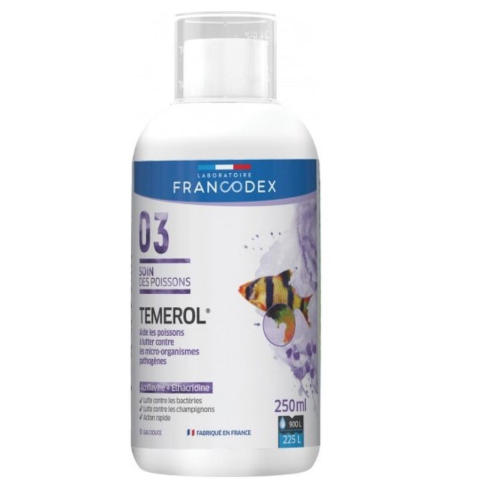 Francodex Desinfectante geral TEMEROL frasco de 250 ml para aquários Testes, tratamento de água