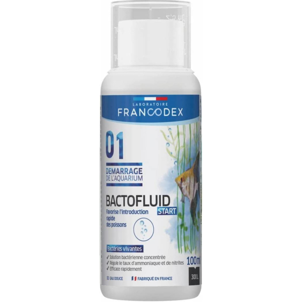 Francodex Reguliert den Ammoniak- und Nitritgehalt Bactofluid Start 100ml für Fische Tests, Wasseraufbereitung