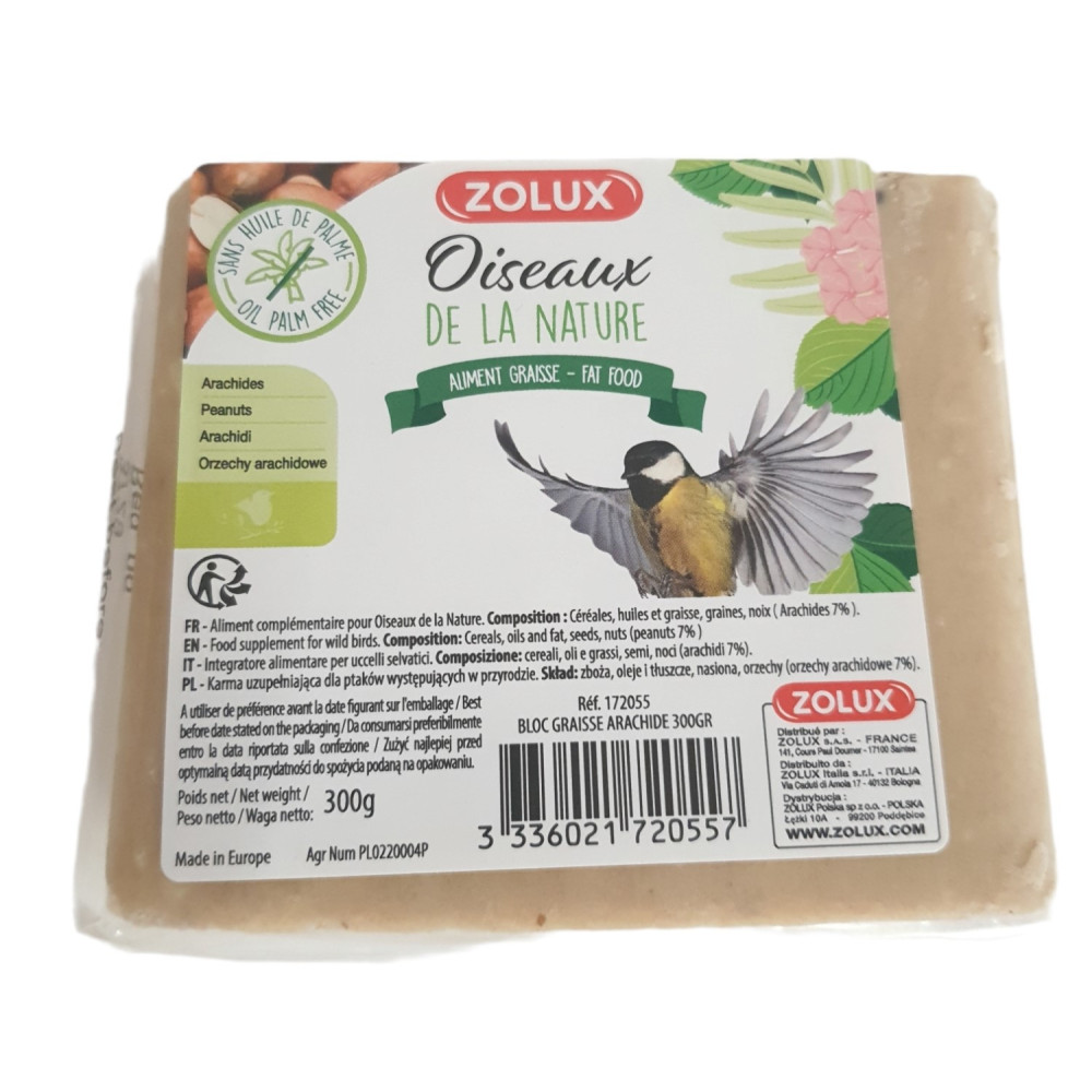 zolux Blocco di grasso di arachidi da 300 gr per uccelli selvatici. Palla di cibo per uccelli