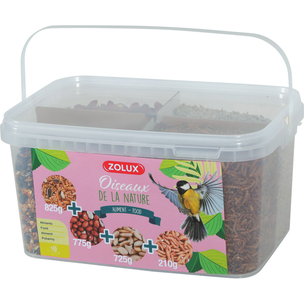 zolux Premium Mix 4 Sorten Samen und Mehlwürmer, 2.5 kg Eimer für Vögel Nahrung Samen