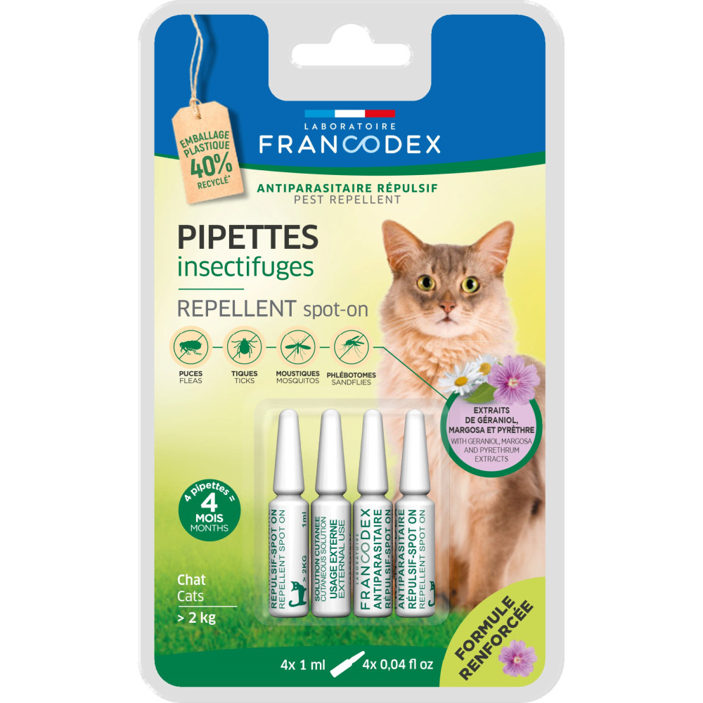 Francodex 4 Pipetas Repelentes de Insectos para Gatos com mais de 2 kg fórmula reforçada Controlo de pragas felinas