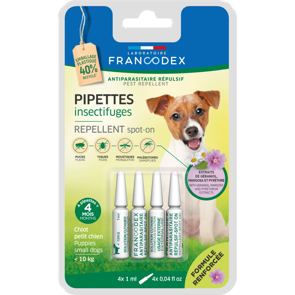 Francodex 4 pipetas repelentes de insectos para cachorros y perros pequeños de menos de 10 kg fórmula reforzada Pipetas para ...