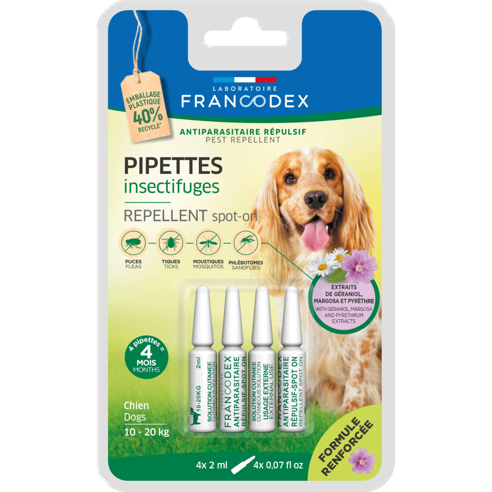 Francodex 4 pipetas repelentes de insectos para perros de 10 kg a 20 kg fórmula reforzada Pipetas para plaguicidas