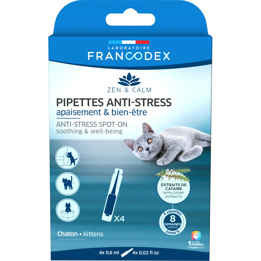 Francodex 4 Pipetas calmantes anti-stress e de bem-estar para gatinhos Comportamento