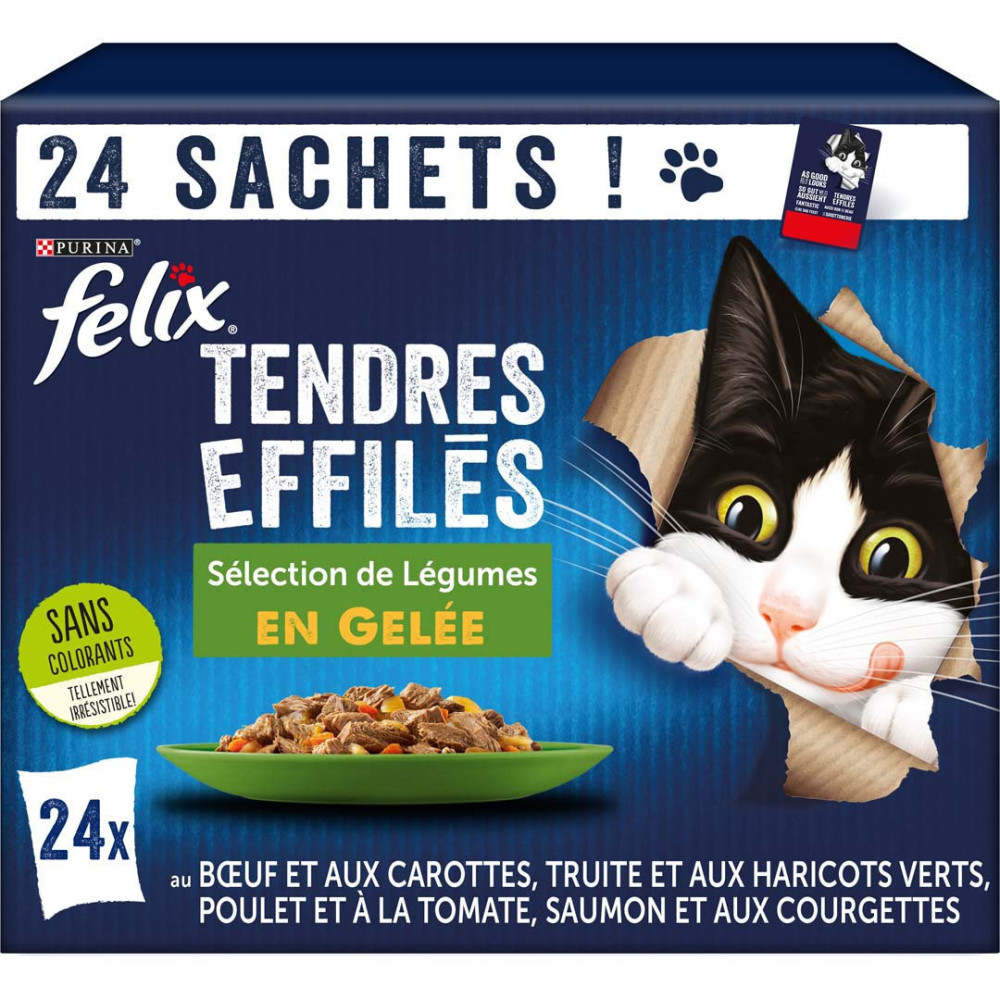Purina 24 Saquetas de 85g para gatos, Tiras tenras em geleia - FELIX Mixed Vegetables Selection Pâtée - émincés chat