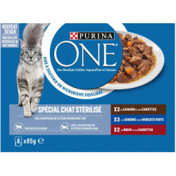 Purina 8 sobres de 85 g para gatos esterilizados con pato, sardinas y ternera PURINA ONE Pâtée - émincés chat