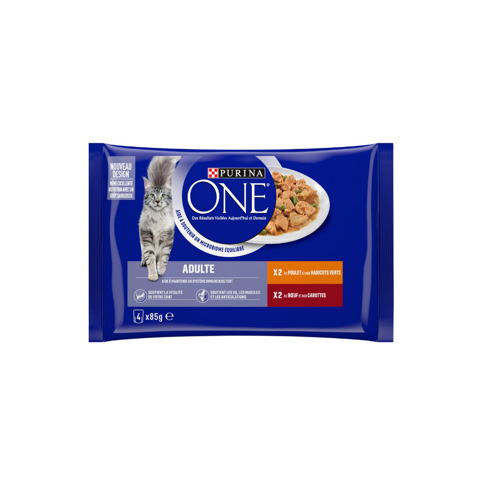 Purina 4 Sachets of 85g for Adult Cat with Beef and Chicken, PURINA ONE Pâtée - émincés chat