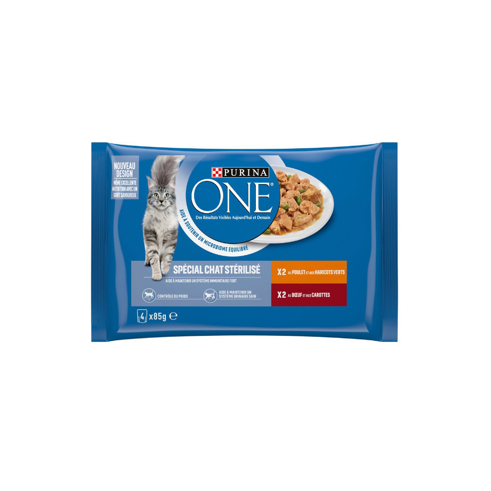 Purina 4 PURINA ONE 85g Sachets for Sterilized Cats with Beef and Chicken Pâtée - émincés chat