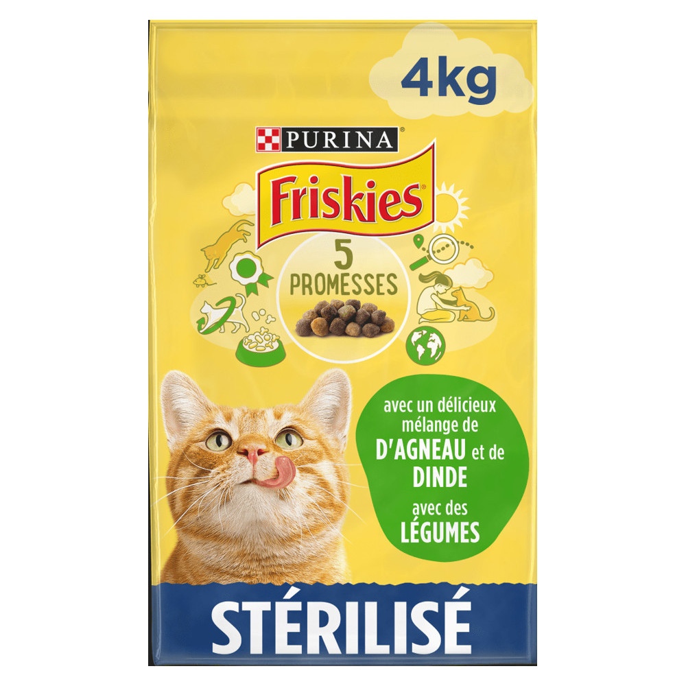 Purina Croquettes pour chat stérilisé avec un délicieux mélange d'Agneau, Dinde et Légumes 4kg FRISKIES Croquette chat