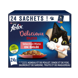 Purina 24 Bolsitas de 85g para gatos Délicieux Duos - Selección Mixta en gelatina felix Pâtée - émincés chat