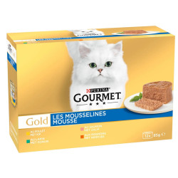 Purina 12 Latas para gatos 58g GOLD Mousselines con conejo, salmón, pollo y riñones - GOURMET Pâtée - émincés chat