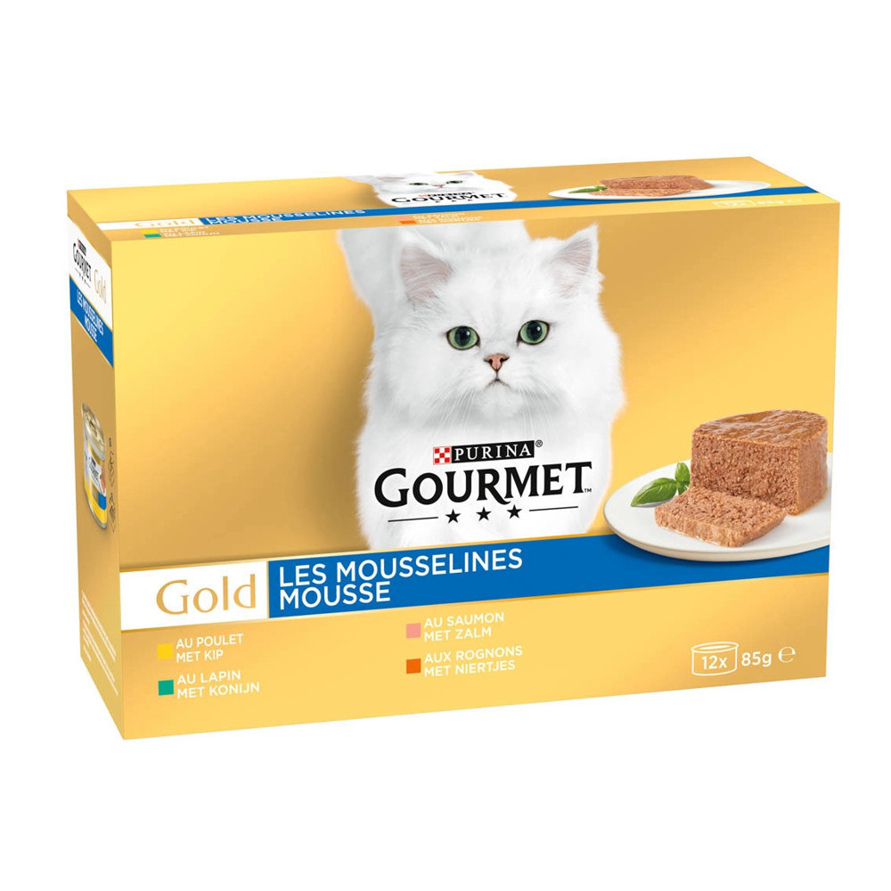 Purina 12 latas para gatos 58g GOLD Mousselines com coelho, salmão, frango e rins - GOURMET Pâtée - émincés chat