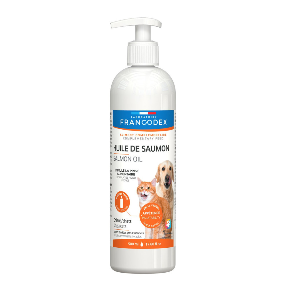 Francodex Aceite de salmón Para perros y gatos, frasco de 500 ml Complemento alimenticio