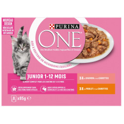 Purina 8 Beutel (85 g) für Kätzchen mit Lachs, Huhn und Karotten Purina ONE Pâtée - émincés chat