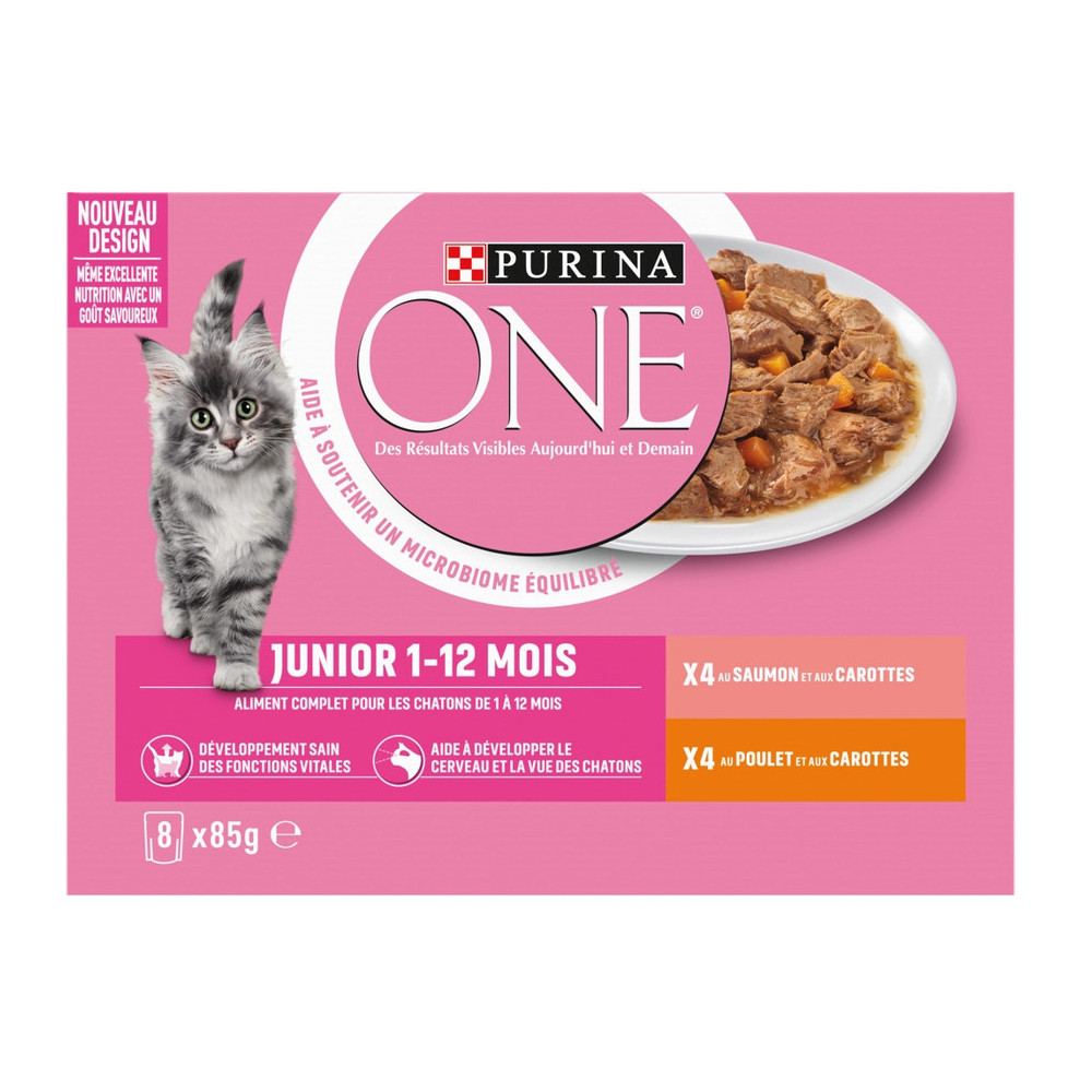 Purina 8 Sachets of 85g for Kitten with Salmon, Chicken and Carrots Purina ONE Pâtée - émincés chat