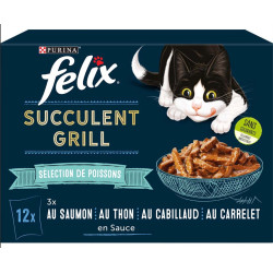 Purina 12 Beutel Succulent Grill-Pastete für Katzen - Auswahl Fisch FELIX Pâtée - émincés chat
