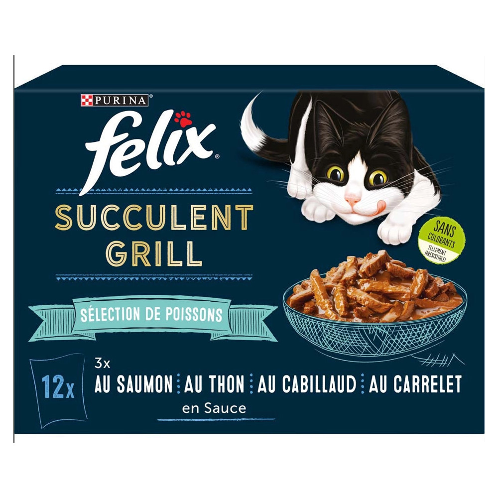 Purina 12 Beutel Succulent Grill-Pastete für Katzen - Auswahl Fisch FELIX Pâtée - émincés chat