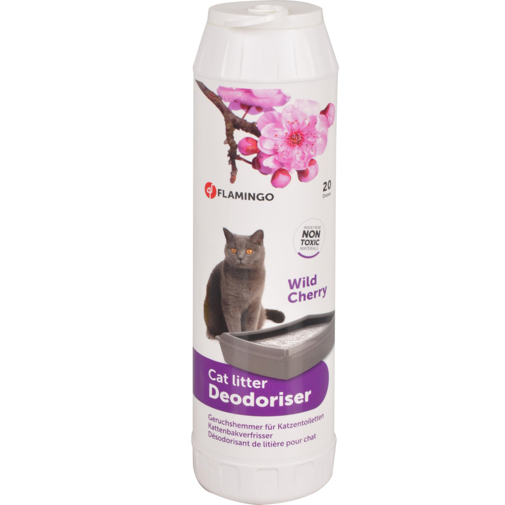 Flamingo Deodorizer for litter box. Wild cherry fragrance. 750 g. bottle for cats. Litter deodorizer