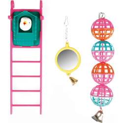 Flamingo Espelho de brinquedo, bolas, escada de 20 cm. para pássaros. Brinquedos