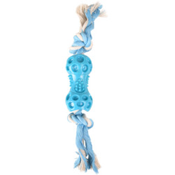 Flamingo Kurzhantel Spielzeug + blaues Seil 34 cm. LINDO. in TPR. für Hunde. Seilspiele für Hunde